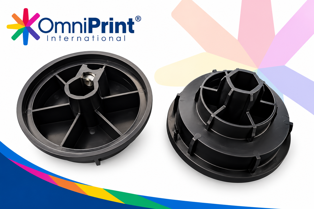 Omniprint DTF film roll holder adapter, 14 mm hexagonal shaft, front and reverse views